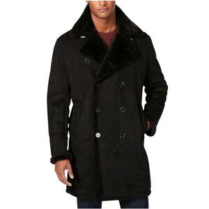 GUESS Men's Black Faux-Shearling Double-Breasted Overcoat Size S